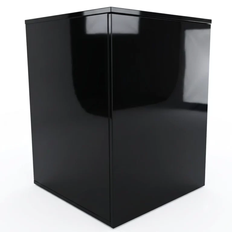Glossy black metal storage cabinet with a flat top, shown in a three-quarter view against a white background.