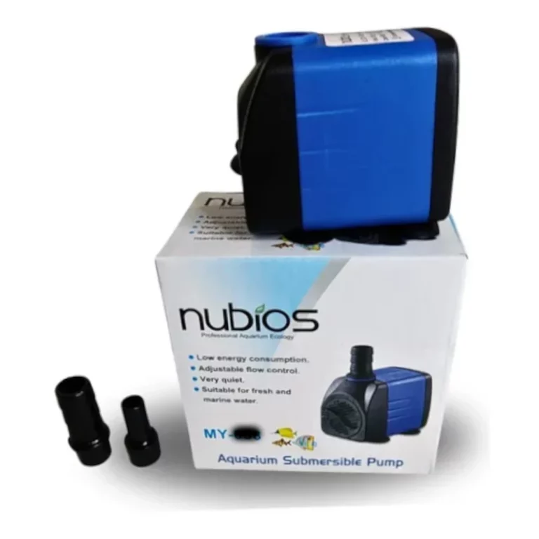 Blue Nubios aquarium submersible pump on its white box, showing compact blue external unit with black ends and two nozzle adapters beside it on a white background.