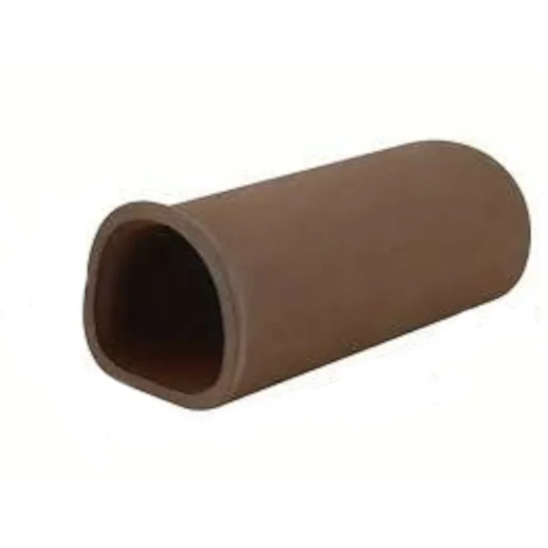 Brown hollow cylindrical tube lying diagonally on a white background, with a circular opening visible