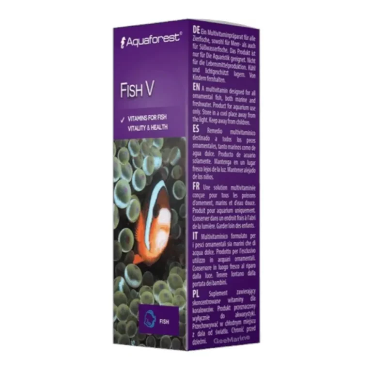 Purple Aquaforest Fish V vitamin supplement box with an image of a fish on the front, and multilingual instructions text on the side panel.