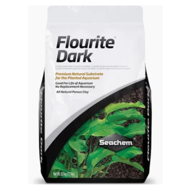 Bag of Flourite Dark substrate for planted aquariums by Seachem with green plant graphics on the bag surface