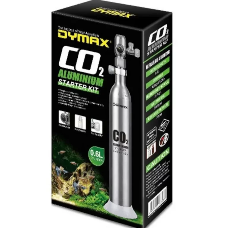 Dymax CO2 aluminum starter kit packaging showing a silver CO2 canister with regulator, labeled for planted aquariums