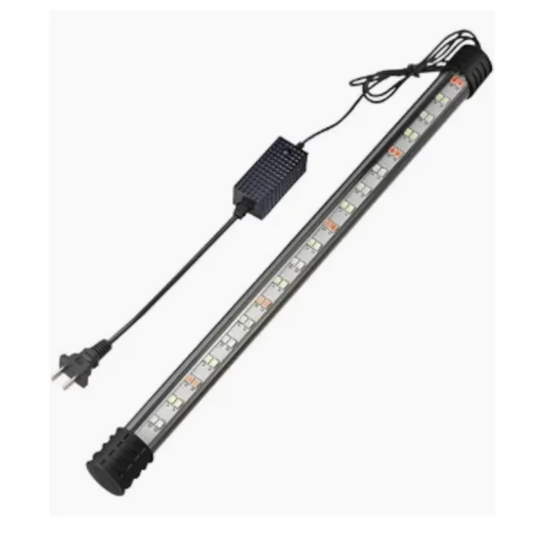 Flexible LED strip light with black end caps, connected to a wall-powered driver and controller box.