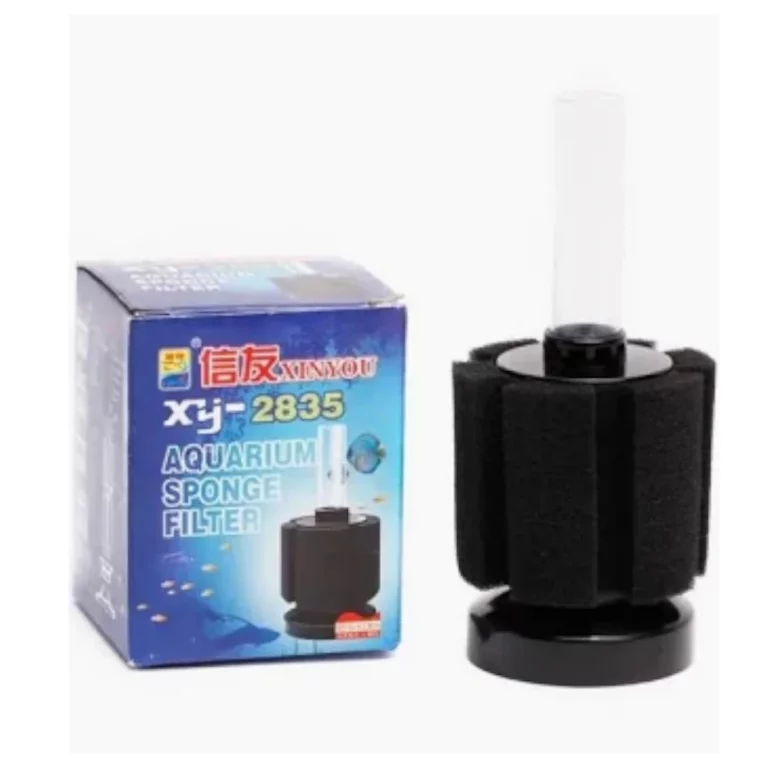 XY-2835 aquarium sponge filter in black foam housing with a clear rising tube, shown beside its blue product box labeled 'AQUARIUM SPONGE FILTER'