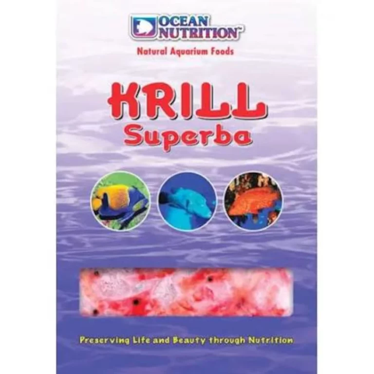 Ocean Nutrition Krill Superba natural aquarium foods package with three circular images and a krill window.