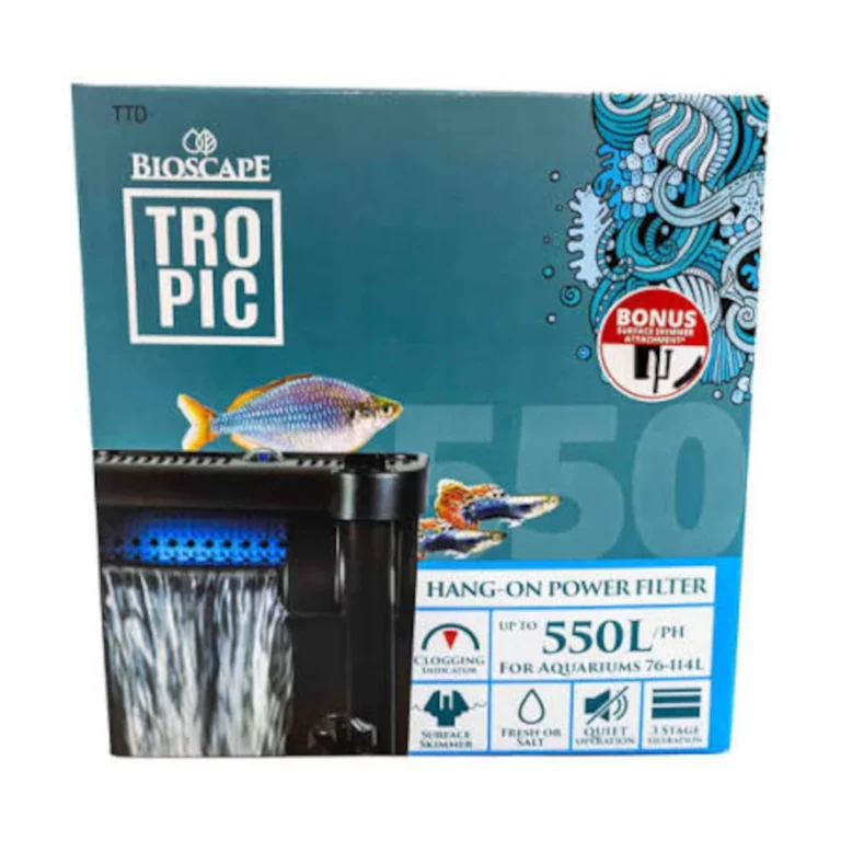 Product box for Bioscape Tropic Hang-On Power Filter, up to 550 L/h for 76–114 L aquariums, with a black filter housing and blue decorative design in the background.