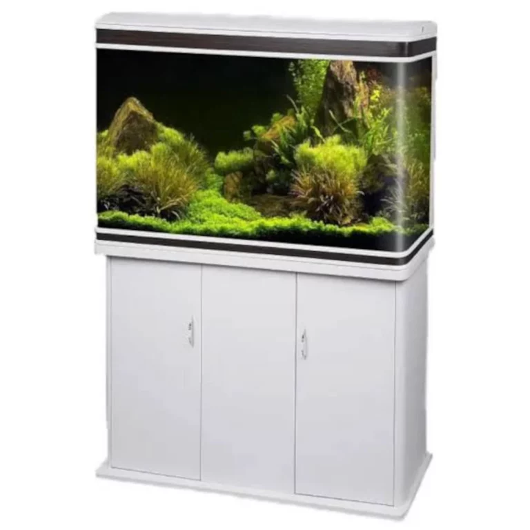 Large glass aquarium with lush aquatic plants on a white cabinet stand.