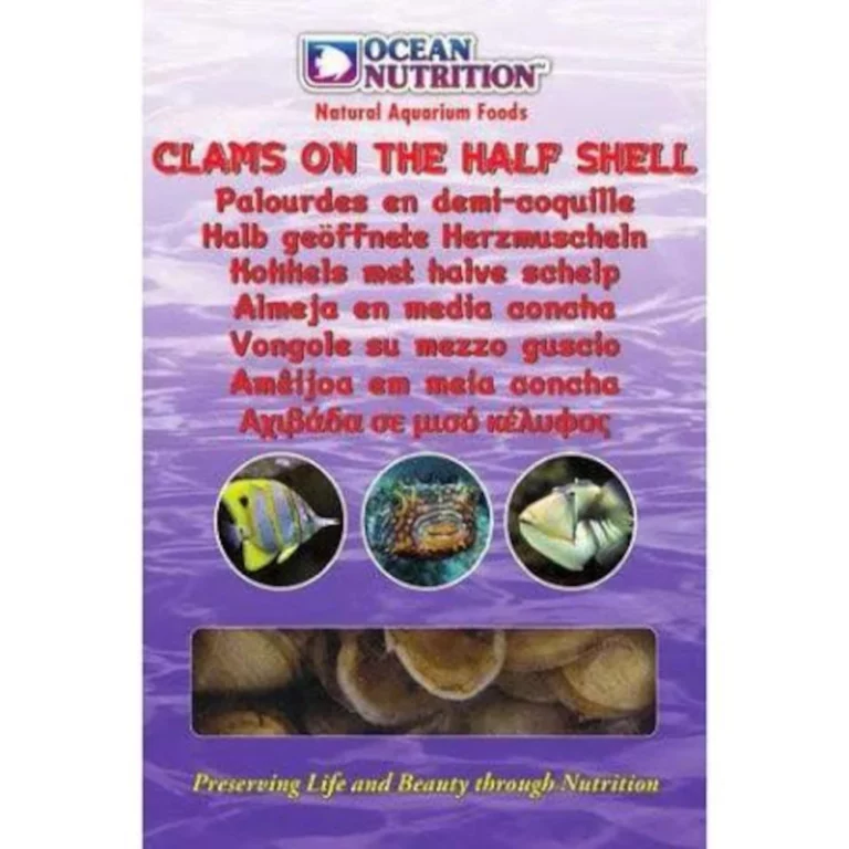 Packaging for Ocean Nutrition clams on the half shell, purple box with red title and circular images showing seafood, window reveals clams