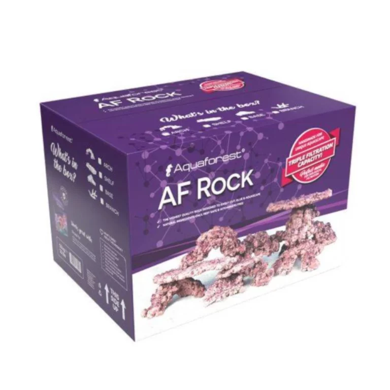 Purple Aquaforest AF Rock box displaying pink coral-like rocks for reef aquariums