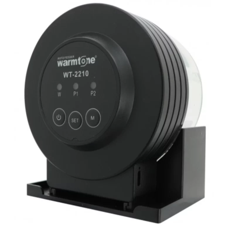 Circular black control unit labeled WT-2210 with three LEDs (W, P1, P2) and SET, M, and power buttons on a stand.