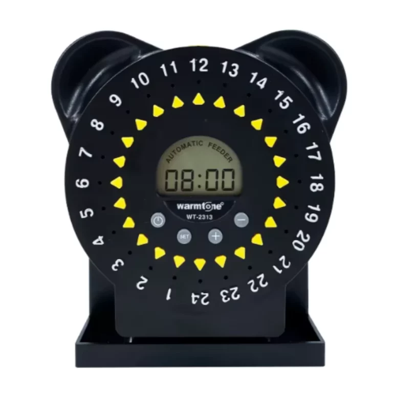 Circular 24-hour timer for an automatic pet feeder, with yellow hour indicators around the dial and a digital display showing 08:00.