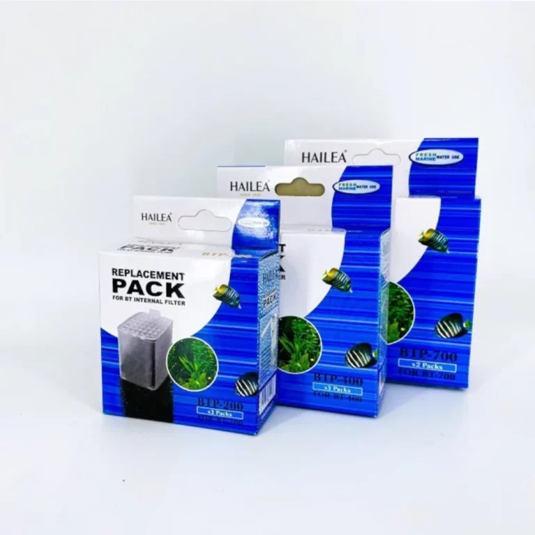 Three Hailea replacement packs for BT internal aquarium filter in blue and white packaging, arranged together on a white background.