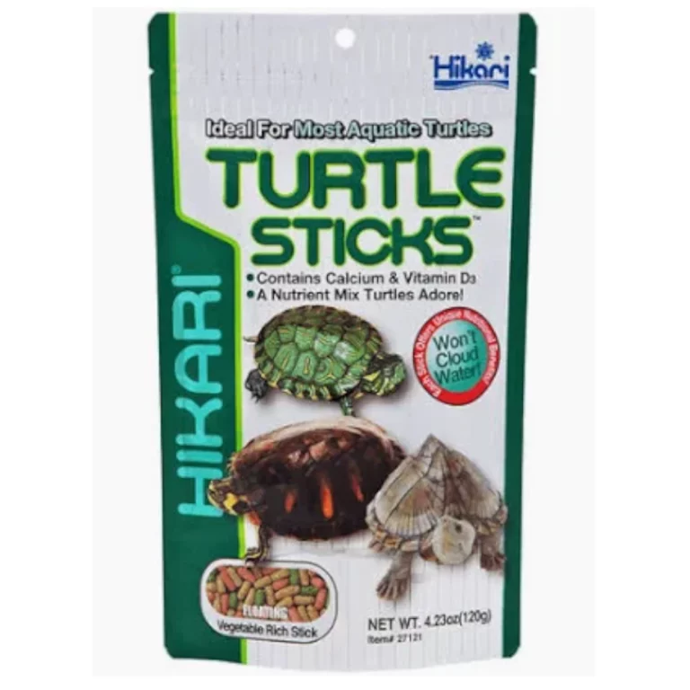 Bag of Hikari Turtle Sticks turtle food with two turtles on the front and bold green 'TURTLE STICKS' text on white/green packaging