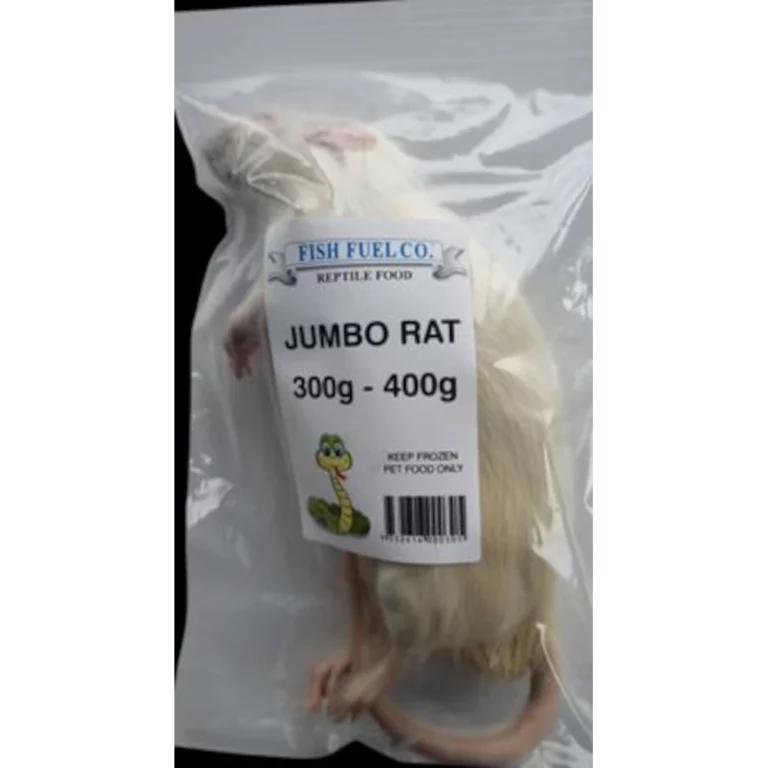 Packet of jumbo rat reptile food (300–400 g) in a sealed bag labeled Fish Fuel Co., keeps frozen.