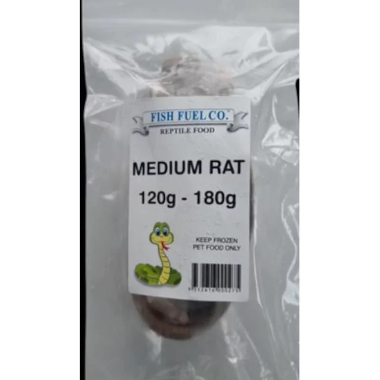 Bag of Fish Fuel Co. reptile food labeled 'Medium Rat' (120–180 g) with a cartoon snake illustration; keep frozen.
