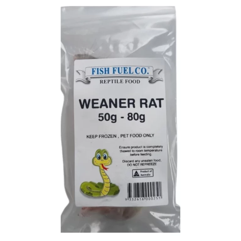 Bag labeled 'WEANER RAT' reptile food by Fish Fuel Co., 50g–80g, with cartoon snake illustration and barcode.