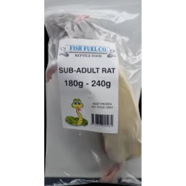Package label for reptile food: 'SUB-ADULT RAT 180g - 240g' with a small snake illustration and barcode