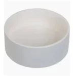 Top-down view of a white, round plastic bottle cap (screw-on)