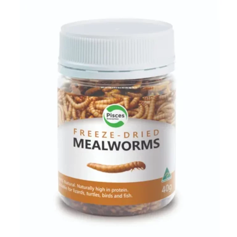 Jar of freeze-dried mealworms for pets, label reads 'Freeze-Dried Mealworms' with Pisces logo on the front.