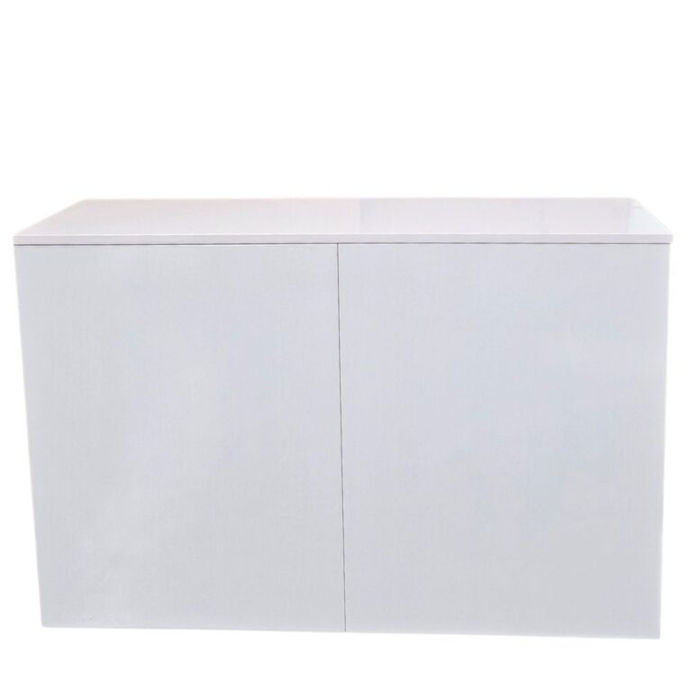 White two-door storage cabinet with a flat top and a centered vertical seam between doors