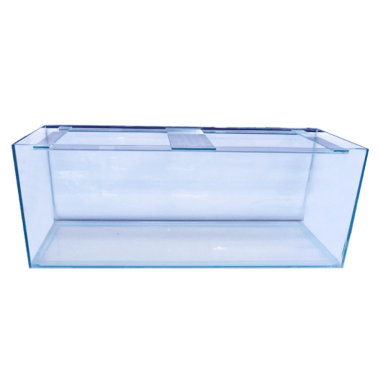 Clear rectangular glass aquarium, empty inside, with a lid on top.