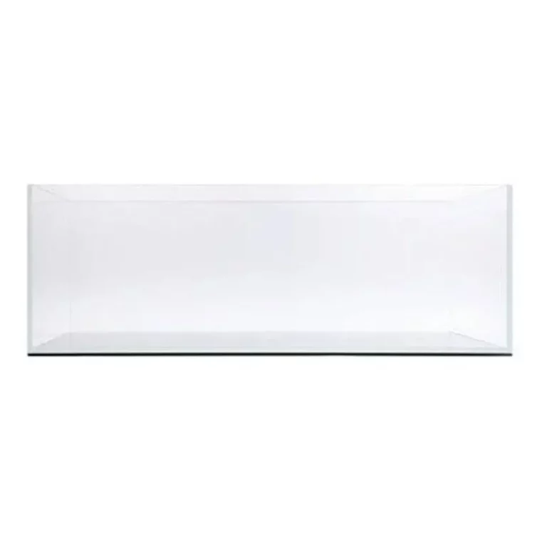 Empty rectangular glass aquarium with an open top on a white background.