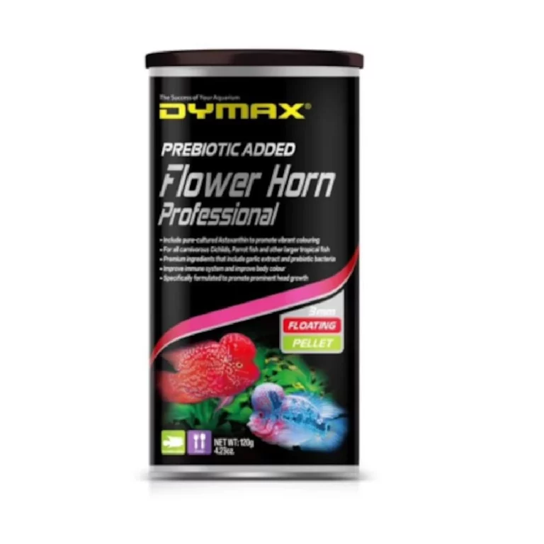 Can of Dymax Flower Horn Professional floating pellets fish food with prebiotic added; shows vibrant red and blue fish graphics on the label.
