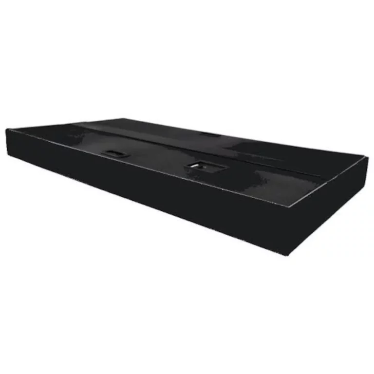 Low-angle view of a black rectangular docking station with two USB ports on the top surface, angled to the left.