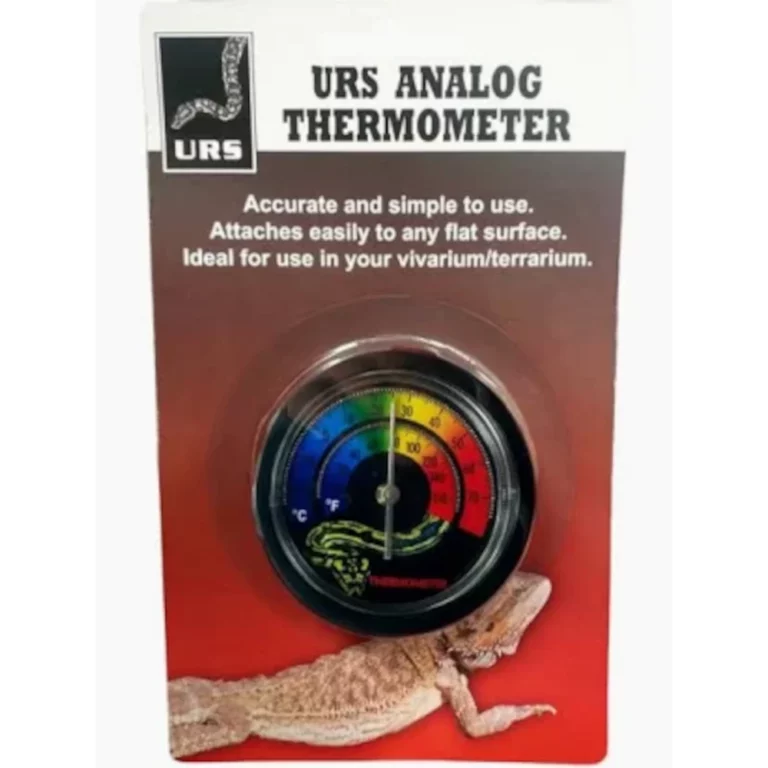 URS analog thermometer for vivarium/terrarium with color-coded dial and lizard graphic at the bottom (reptile enclosure thermometer).