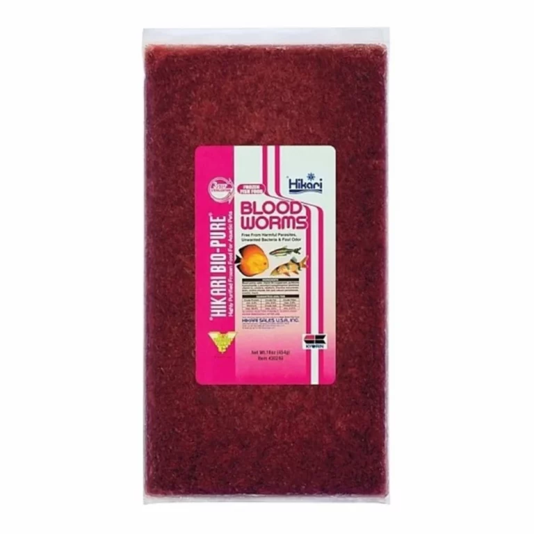 Bag of Hikari Blood Worms fish bait in pink labeled packaging