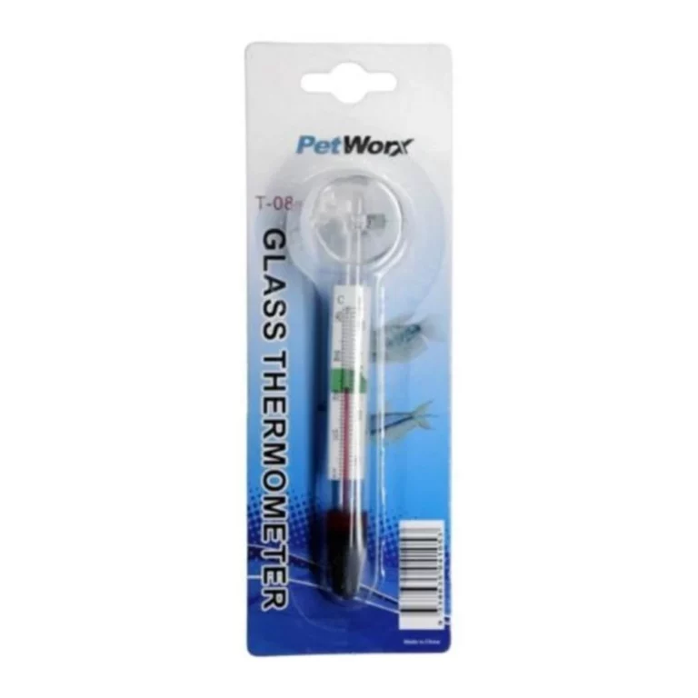Glass thermometer in PET Worx packaging labeled 'Glass Thermometer' for pets in a clear blister pack, with a blue gradient background.