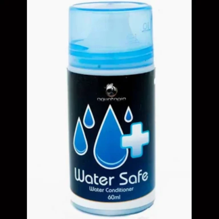 Water Safe water conditioner bottle with blue droplets graphic and a plus sign, 60 ml