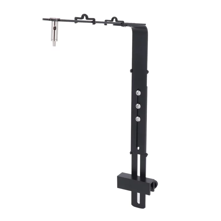 Black adjustable mounting arm with a base clamp, vertical rail, and a horizontal top bar for attaching equipment (e.g., camera or light) to a wall or support.
