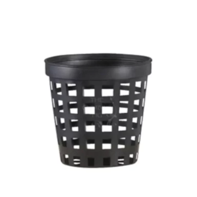 Black plastic basket with square cutouts (perforated) likely for laundry or waste.