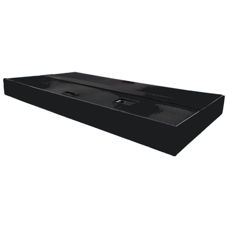 Long black rectangular electronic device viewed from the side with recessed ports on the top surface (angled perspective).
