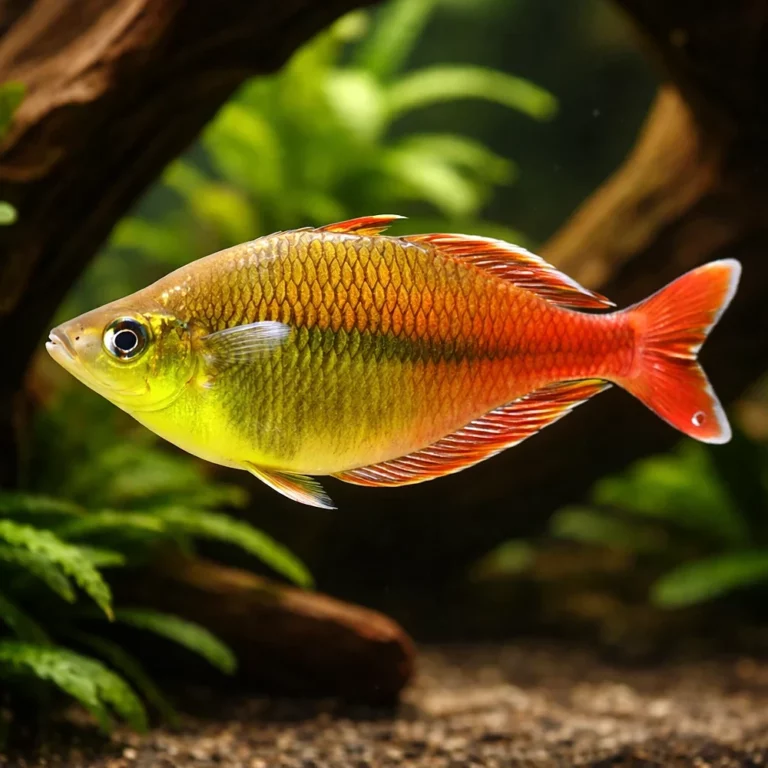 Colorful aquarium fish with yellow-green head, olive body, and bright red tail and fins swimming among plants.