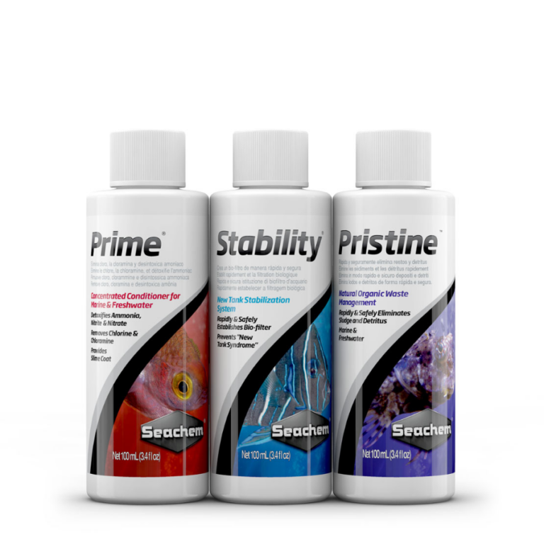 Three white Seachem water-care bottles (Prime, Stability, Pristine) standing upright with visible labels.
